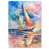 Watercolor Painting of Multicolored Sailboat on Ocean with Birds and Sunset Reflections in the Waves on Ready to Hang 1.5" Thick Canvas Wrap, Floating Framed Canvas, Flat Rolled Canvas
